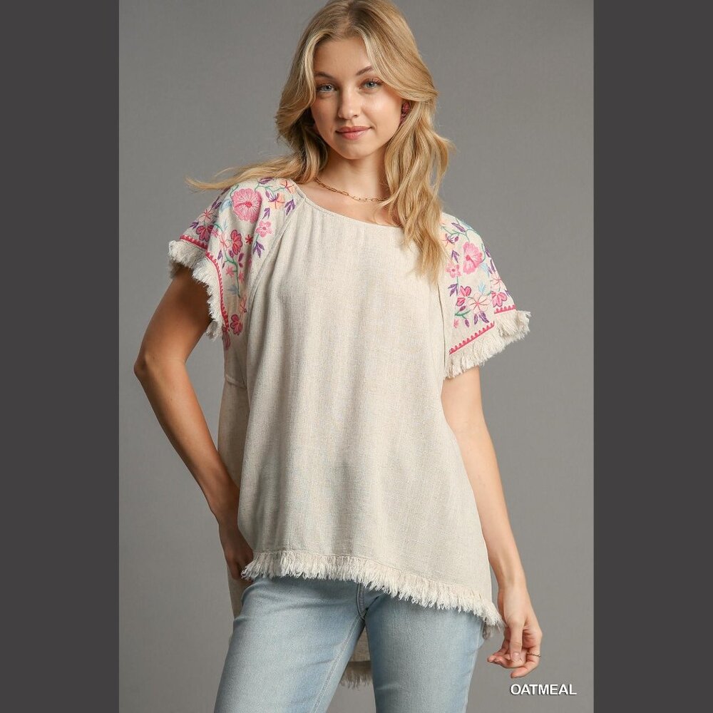 Embroidered Sleeves Linen Cotton Blend Round Neck w/ Frayed High Low Hem - Picture 7 of 15
